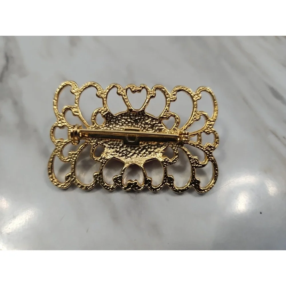 Vintage Cabochon Pin Brooch Red Jelly Gold‎ Tone Rectangle Oval 1980s